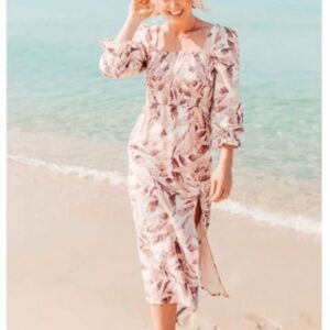 House of Harlow 1960 Linen Smocked Leaf Print Midi Dress Pink/Cream M Boho Beach